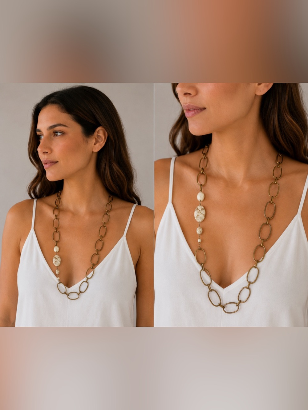 Ann Taylor Brass Link Necklace with White Marbled Beads